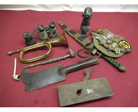 Skinner &amp; Johnson early C20th short handled bill hook with impressed numbers, early C20th moulding plane, Galilean leathe