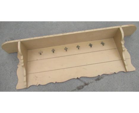 Vintage painted pine hat and coat rack, with shaped shelf and six hooks, W154cm D20cm H50cm 