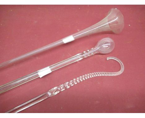 End of day glass walking stick with hoop handle and twist shaft, similar blown glass walking stick with knob finial and a gla