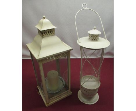 Pair of cream painted metal framed garden lanterns, approx H54cm 