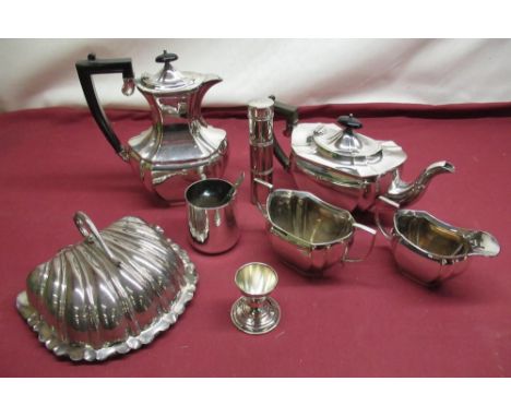 Early C20th EPNS four piece tea service with ebonised handles and finials, an EPNS shell shaped dish and cover with glass lin