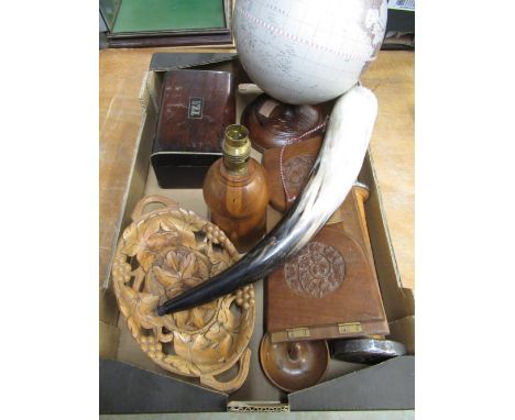 Victorian rosewood brass bound two division tea caddy, Eastern hardwood adjustable book trough, turned yew table lamp, early 