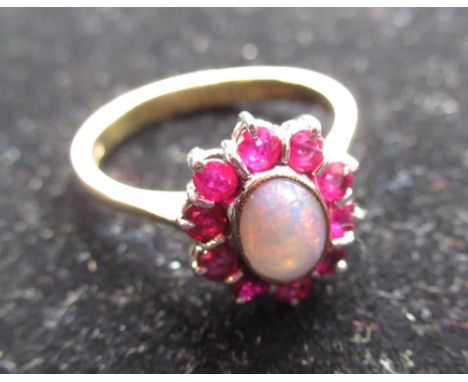 18ct yellow gold opal and ruby cluster ring, stamped 750, size P 1/2, 4g 