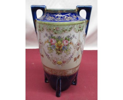 Noritake porcelain vase decorated in cobalt blue and gilt highlights with painted floral bunches and swags, H26cm 