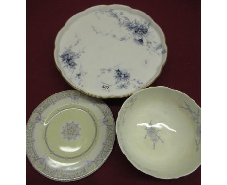Late c19th Royal Worcester blue and white tazza with floral printed decoration, a Royal Worcester Chantilly dish and an India