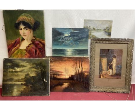 English School (C20th); Shepherd and flock by a river at sunset, oil on canvas, 30.5cm x 38cm, Lakeside houses by moonlight, 