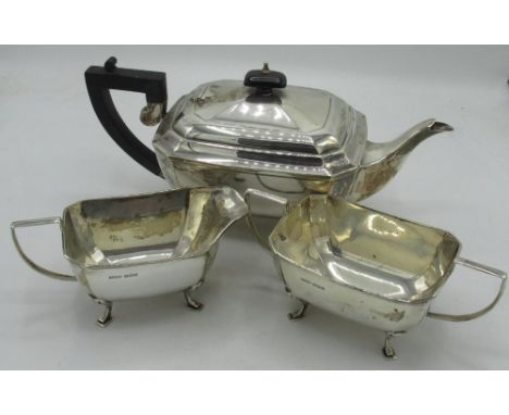 Geo.V hallmarked silver Art Deco design three piece tea service, angular tapering bodies on similar cabriole legs, by Harriso