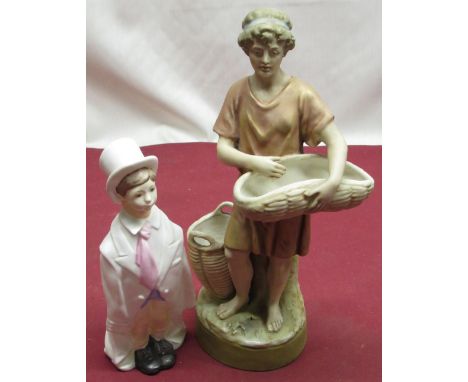 Royal Dux porcelain figurine of a young man holding gathering basket, H26cm, Royal Worcester 'Wedding Day' figurine (2) 