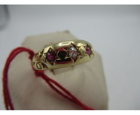 Hallmarked 18ct yellow gold diamond and ruby gypsy style ring, by W&amp;H Chester, size N, 2.8g 