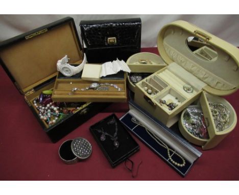 Three wax seals, Van Dal leather handbag, collection of costume jewellery including earrings, necklaces, brooches, etc in lea