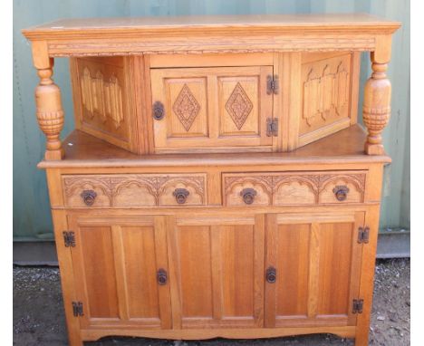 C20th light oak court cupboard, H132cm  W127cm 