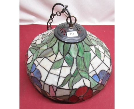 Tiffany style coloured lead glass demi-lune centre light fitting, D40cm 