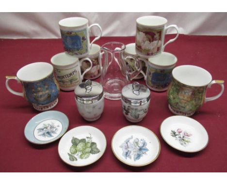 Selection of various Staffordshire French advert mugs, two Queen's mugs, one for Overland &amp; Sea, the other Sailing The Se