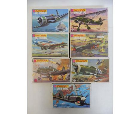 Seven boxed Matchbox 1:72 scale aeroplane kits, checked and complete.