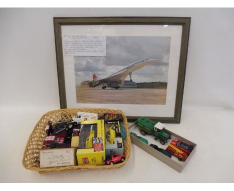 A selection of assorted models including Spot-On plus a framed and glazed print of Concorde, signed by Brian Trubshaw, the fi