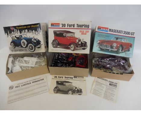 Two boxed Monogram 1:25 scale plastic model kits plus an Airfix 1:25th scale kit, all classic cars, checked and complete.