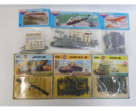 Three Airfix HO/OO scale tank kits, all on spru plus three Novo 1:72 scale kits, sealed and complete.