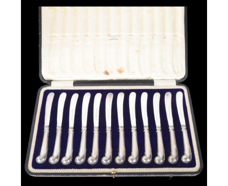 A cased set of 12 George V silver-handled pistol grip butter knives, Harrison Brothers &amp; Howson, retailed by Pearce &amp;