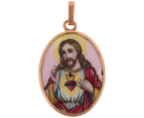 A Vintage double-sided enamel religious Christian miniature pendant, hand painted depicting Jesus and St Joseph, 24.9mm, 2.2g