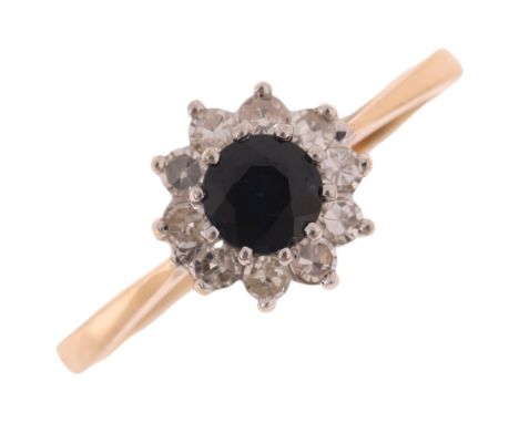 A 9ct gold sapphire and diamond flowerhead cluster ring, maker PS & Co, London 1984, set with round-cut sapphire and round-cu