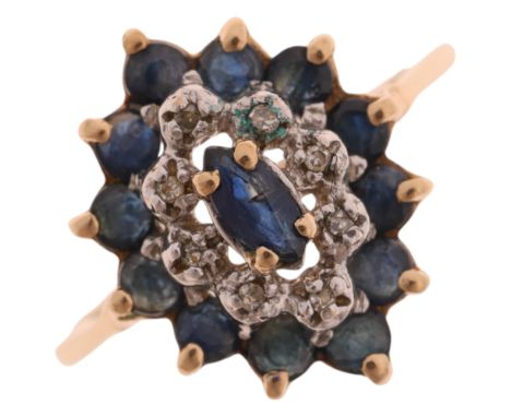 A 9ct gold sapphire and diamond marquise cluster ring, import London 1990, setting height 15.2mm, size N, 2.2gNo damage or re