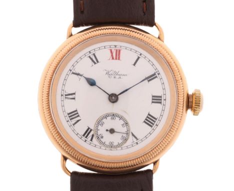WALTHAM - an Antique 9ct rose gold Officer's style Borgel mechanical wristwatch, circa 1920s, white enamel dial with hand pai
