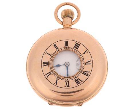 An early 20th century 9ct rose gold half hunter keyless pocket watch, by Fleurier Watch Co, white enamel dial with hand paint