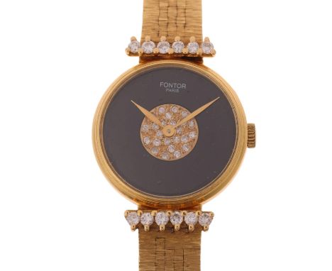 FONTOR - a Vintage lady's French 18ct gold diamond quartz cocktail wristwatch, circa 1960s, black onyx dial with pave set mod