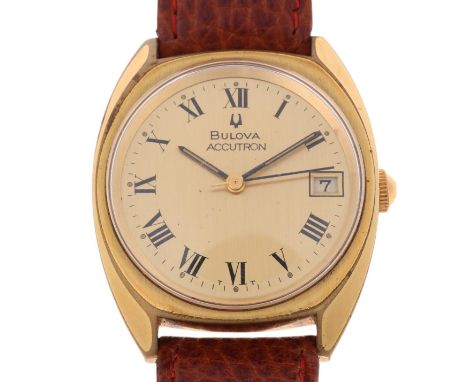 BULOVA - a Vintage gold plated stainless steel Accutron quartz wristwatch, ref. 7303-3, circa 1970s, champagne dial with blac
