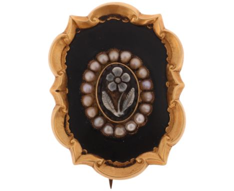 An Antique Victorian 9ct gold sardonyx and black enamel 'Forget-Me-Not' mourning brooch, circa 1860, the central relief carve