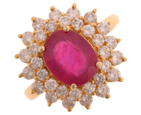 EFFY - an 18ct gold ruby and diamond cluster ring, set with 3ct oval mixed-cut ruby surrounded by 2 rows of modern round bril