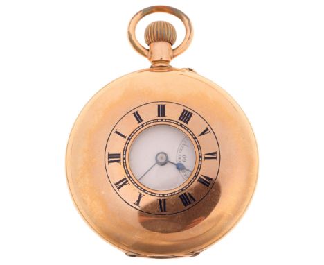 An Antique 14ct gold half hunter keyless pocket watch, white enamel dial with Roman numeral hour markers, blued steel double 