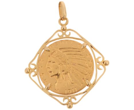 A United States of America 1911 gold five dollars coin, in French 18ct gold pendant mount, 42.2mm, 11.1gGeneral wear to high 