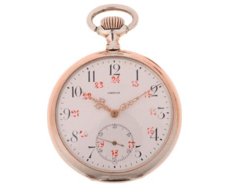 OMEGA - a German 800 silver open-face keyless pocket watch, white enamel dial with hand painted black Arabic numerals, gilt o