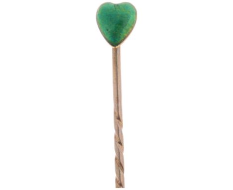 CHILD &amp; CHILD - an Arts and Crafts gold and green enamel heart stickpin, signed to reverse, head 5.5mm, overall 43.6mm, 0
