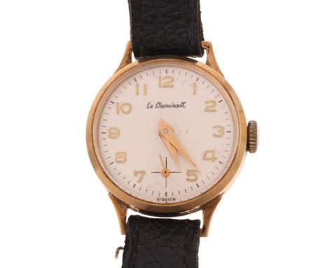 LE CHEMINANT - a lady's Vintage 9ct gold mechanical wristwatch, circa 1960s, silvered dial with applied gilt Arabic numerals,