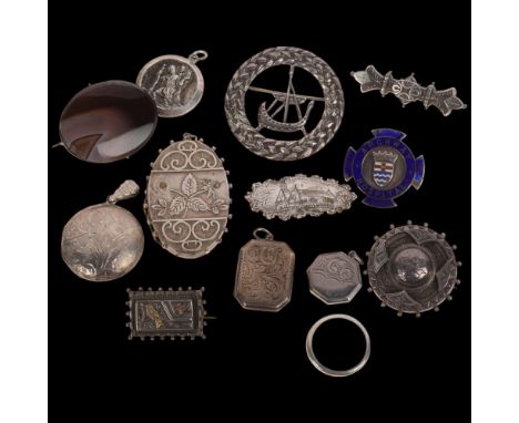 Various silver jewellery, including Victorian Aesthetic Movement bird brooch, locket pendants, etcLot sold as seen unless spe