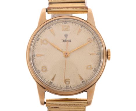 TUDOR - a Vintage 9ct gold mechanical bracelet watch, ref. 12856, circa 1950s, silvered honeycomb dial with applied gilt eigh