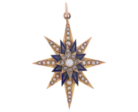 An Antique Victorian 9ct rose gold split pearl diamond and blue enamel 8-ray starburst pendant, circa 1860, the 3 layered sta