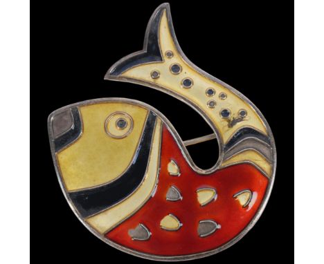 DAVID ANDERSEN - a Vintage Norwegian modernist sterling silver-gilt enamel fish brooch, 41.2mm, 9.5g1 small loss to yellow en