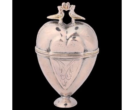 An Antique Scandinavian silver heart marriage box, 18th century, engraved decoration with lovebird knop and original engraved
