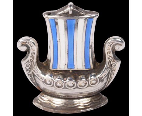 AKSEL HOLMSEN - a Danish sterling silver and enamel Viking Revival 'Viking Ship' hat pin holder, 4cm, 0.2ozNo damage or repai