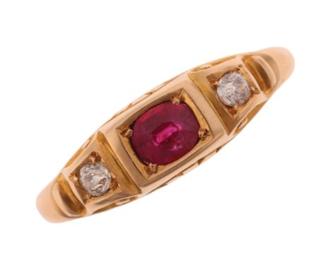 An Antique 18ct gold three stone ruby and diamond half hoop ring, indistinct maker, Chester 1898, set with oval mixed-cut rub