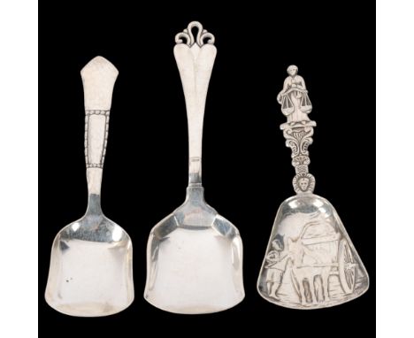 3 Danish silver tea caddy shovel spoons, makers include Carl M Cohr, largest 11.5cm, 1.2oz total (3)No damage or repair, only