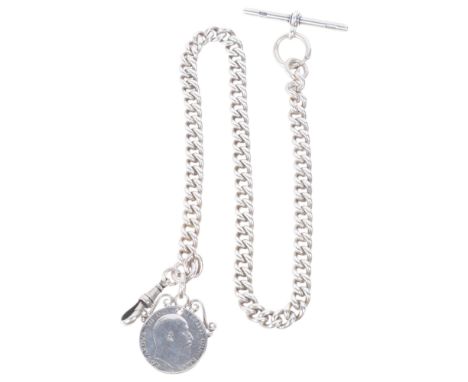 An Antique silver solid curb link Albert chain necklace, with silver T-bar, dog clip and 1902 shilling fob, 36cm, 61g1 end li