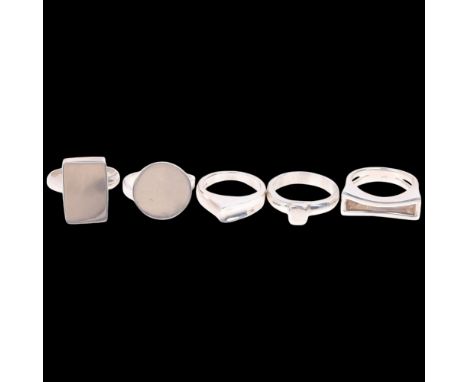5 modern sterling silver rings, largest setting height 18.8mm, sizes M, P x 3, and R, 33.6g total (5)No damage or repair