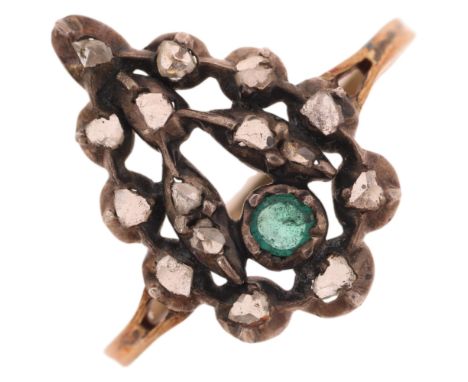 An Antique Georgian emerald and diamond pear cluster ring, circa 1790, the silver-topped gold pear having floral motif set wi