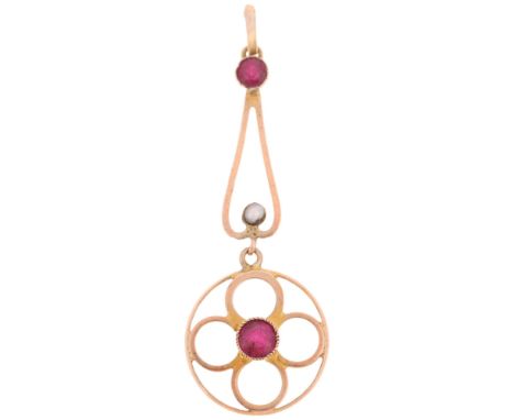 An Antique Edwardian 9ct rose gold ruby and pearl openwork pendant, 47.6mm, 1.5gNo damage, all stones present, mount for pear