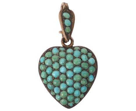 An Antique Victorian turquoise heart mourning pendant, unmarked silver-gilt settings, pave set with round cabochon turquoise,
