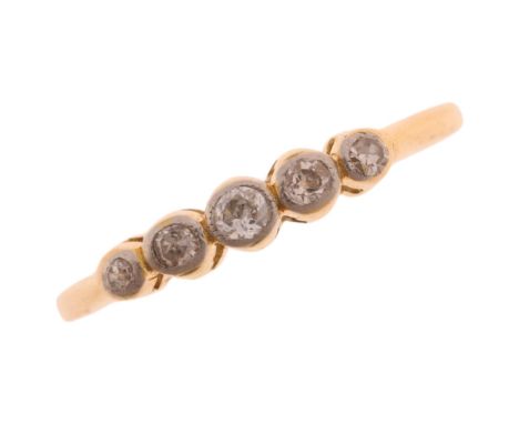 An 18ct gold five stone diamond ring, millegrain set with old and single-cut diamonds, total diamond content approx 0.1ct, se